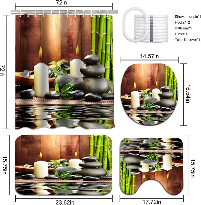 Lnond 4Pcs Spa Bathroom Shower Curtain Sets with Rugs, Stone Bamboo Bathroom Sets with Shower Curtain and Rugs and Accessories