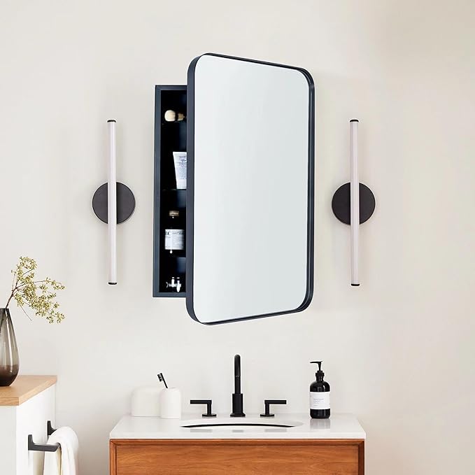 Matt Black Rectangle Recessed Bathroom Medicine Cabinet with Mirror Stainless Steel Metal Framed Rounded Rectangular Bathroom Cabinet with Mirror 16.5x27.5''