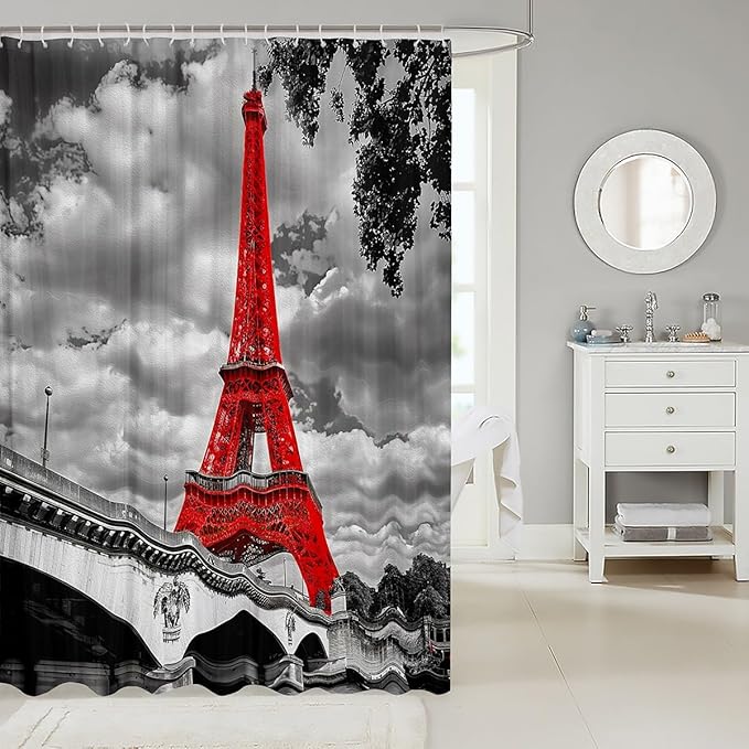 Feelyou Eiffel Tower Shower Curtain Chic Paris Theme Bathroom Shower Curtain for Stalls Bathtubs Bright Red Paris Cityscape Bath Curtain Modern French Style Waterproof Curtain Room Decor 72Wx84L