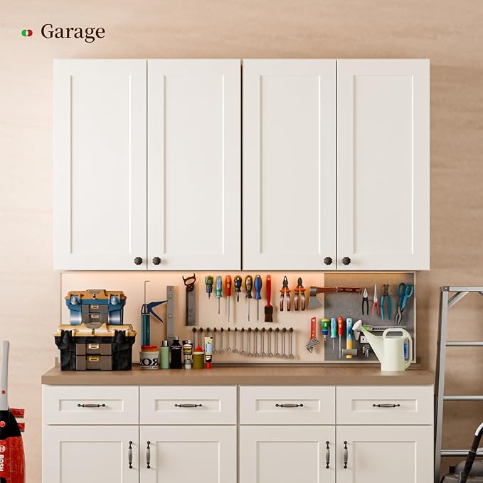 Kisart Laundry Room Cabinets Wall Mounted with Doors & Shelves, Solid Wood RTA Medicine Storage Cabinet, 24Wx30Hx12D Inch White Shaker Hanging Cupboard, Space-Saving for Kitchen, Bathroom, Garage