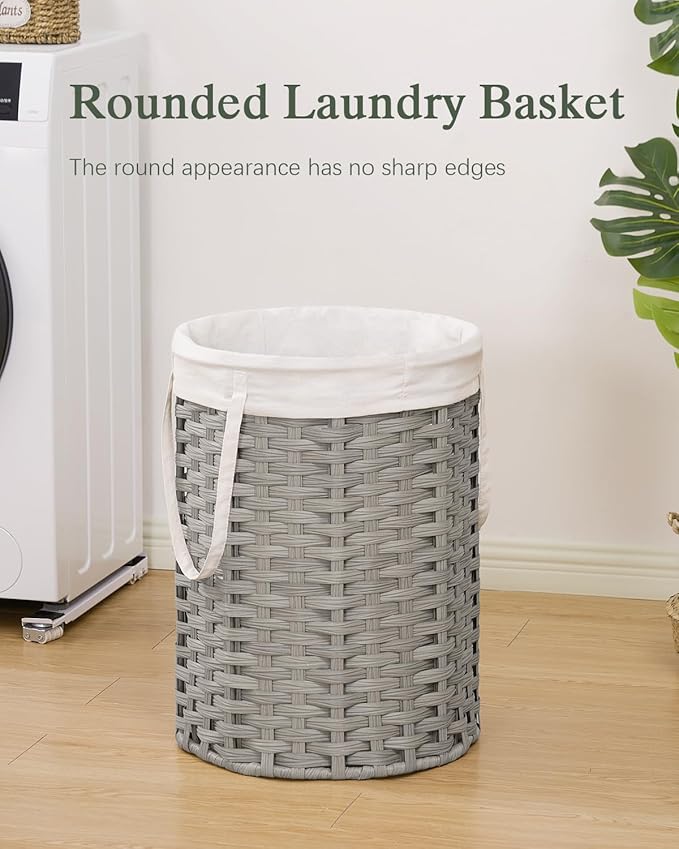 SETVSON Laundry Hamper Laundry Basket Round 19.0 Gal (72 L) Handwoven Rattan Hamper, Large Wicker Laundry Hamper with Removable Laundry Bag Handles 2 Mesh Bags for Bathroom Living Room Gray (No Lid)