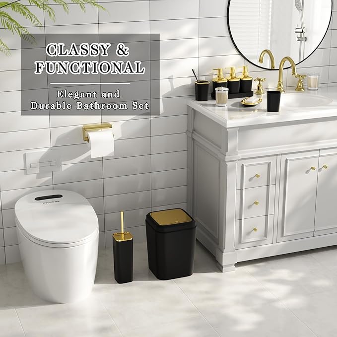 Bathroom Accessories Set - 27PC Bathroom Sets with Shower Curtain and Rugs, Black Bathroom Set, Black Bathroom Accessory Set with Trash Can, Toilet Brush & 3 PC Soap Dispensers