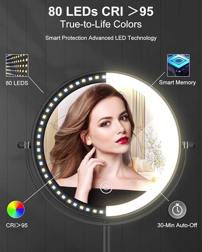 vpu Makeup Mirror with Lights, 1X/30X Lighted Magnifying Mirror Height Adjustable, 3000mAh Rechargeable Double Sided Vanity Mirrors with 3 LED Lighting and Adjustable Brightness for Desk Women Gift