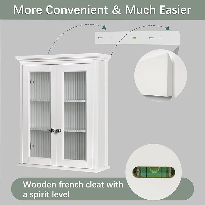 Wall Mounted Bathroom Cabinet with Fluted Glass Doors, Medicine Cabinet with Soft-Close Hinges, Space Saving Wall Organizer for Bathroom Above Toilet Storage (White)