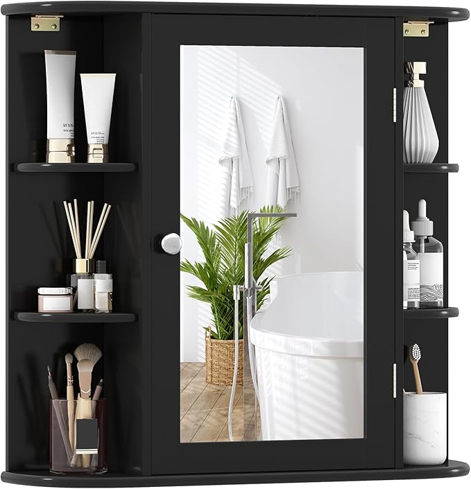 Giantex Bathroom Mirror Cabinet, Wall Mounted Medicine Cabinet with Mirrored Door & 4 Interior Shelves, 6 Open Shelves, Mounting Hardware, Space-Saving Storage Cabinet (Black)