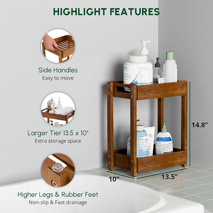 BEEFURNI Acacia Wood Shower Caddy, 2 Tier Shower Organizer, Sturdy Corner Shower Caddy, Wooden Bathroom Shelves Freestanding, Bathroom Standing Shelf (2T)