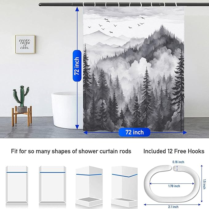 NBVKO 4Pcs Grey Misty Forest Shower Curtain Set with 12 Hooks Non-Slip Rugs,Toilet Lid Cover and Bath Mat,Nature Tree Mountain Bathroom Decor for Hotel & Home Bathroom