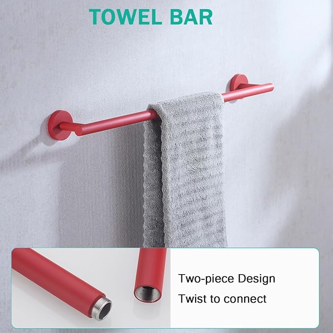 Red Bathroom Accessories Set,5 Pieces Bathroom Hardware Set,24 inch Towel Bar,Towel Ring for Bathroom,Robe Towel Hooks,Toilet Paper Holder Wall Mounted(Drilling),SE96006S-5RED