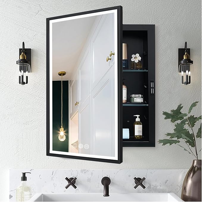 LED Lighted Medicine Cabinet with Mirror, Recessed or Wall Mounted Bathroom Mirror with Storage, Anti-Fog, 3-Color Dimming, Adjustable Shelves, Black Metal Frame - 20x26 inch