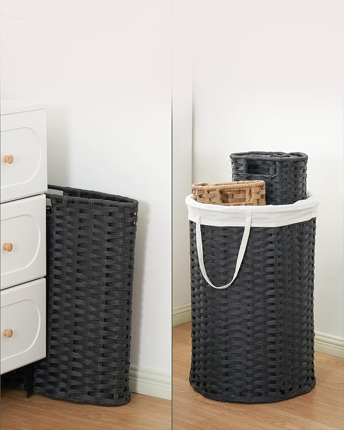 SETVSON Laundry Basket Round Rattan Laundry Hamper 29.1 Gal(110 L) Handwoven Large Wicker Basket with Handles, Wicker Hamper with Removable Bags and 2 Mesh Bags for Bathroom Living Room Black(No Lid)