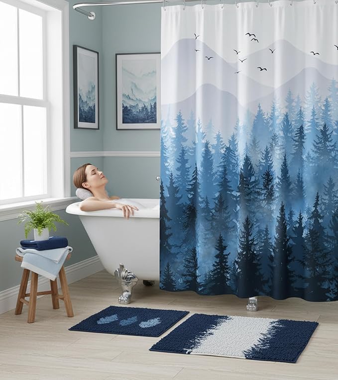 Accnicc Blue Misty Forest Shower Curtain Set Ombre Navy Blue Mountain Pine Tree Waterproof Fabric Shower Curtains for Bathroom Nature Woodland Decorative Modern Bath Curtain Decor 72×72 Inches