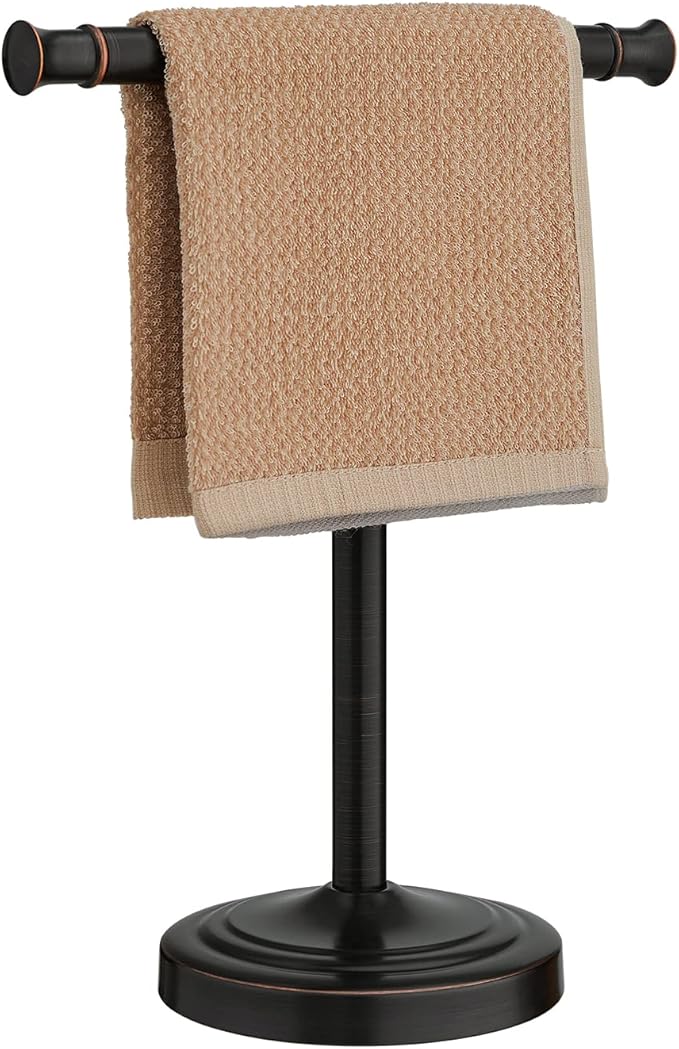 RUMOSE 13 Inch Oil Rubbed Bronze Towel Stand Hand Towel Holder Bathroom Kitchen Vanity Countertop T-Shape Towel Rack Free Standing Stainless Steel Towel Bar Towel Ring