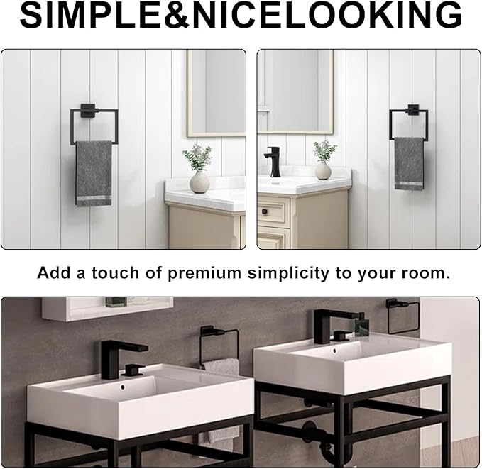 Matte Black Towel Ring - Premium Stainless Steel Bathroom Accessory, Sleek Square Design Hand Towel Holder, Durable Wall-Mounted Towel Hanger for Contemporary Bathroom, 2 Pcs