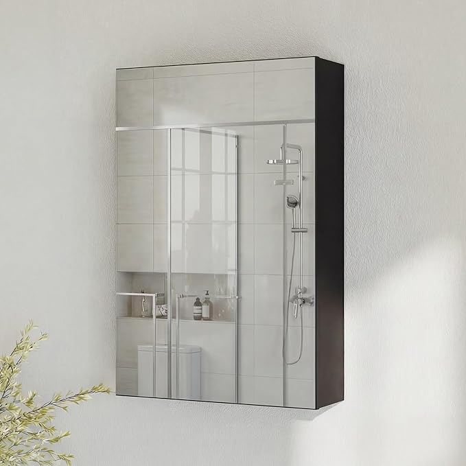 Panana Bathroom Mirror Cabinet Medicine Cabinets with Mirrored Door Wall Mounted Cabinet with Mirror, Storage Shelf with Adjustable Shelves Storage Organizer Kitchen Cupboard (Black, 19.7x27.6 inch)