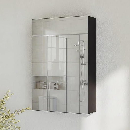 Panana Bathroom Mirror Cabinet Medicine Cabinets with Mirrored Door Wall Mounted Cabinet with Mirror, Storage Shelf with Adjustable Shelves Storage Organizer Kitchen Cupboard (Black, 19.7x27.6 inch)