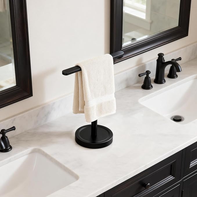 Heavy Duty Hand Towel Holder Stand, Stainless Steel Hand Towel Holder Rack for Bathroom Countertop, Weighted Base T-Shape Free Standing Towel Bar for Bathroom Kitchen Vanity Countertop, Matte Black