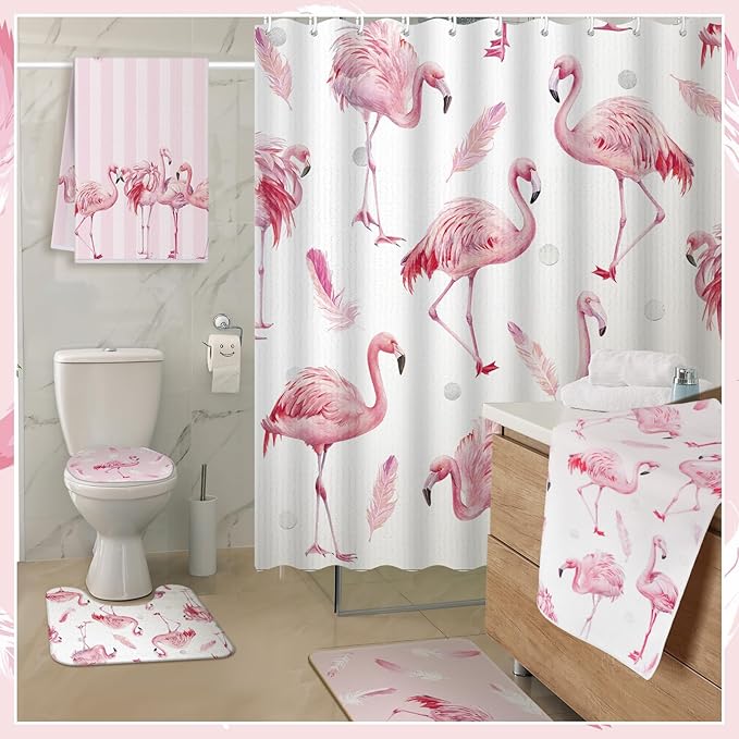Nuanchu 6 Pcs Flamingos Shower Curtain Set with Rug Pink Flamingos Bathroom Sets with Shower Curtain Bath Mat U Shaped Mat Toilet Lid Cover 2 Bath Towels and 12 Hooks Summer Bathroom Decor