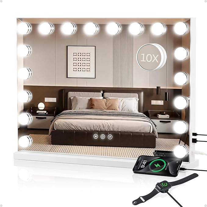 Vanity Mirror with Lights Large, Hollywood Lighted Makeup Mirror with 18 Dimmable Bulbs, 3 Color Lights, 10X Magnifier, USB/Type-C Charging, Gifts for Women, White (32" W x 24" H)