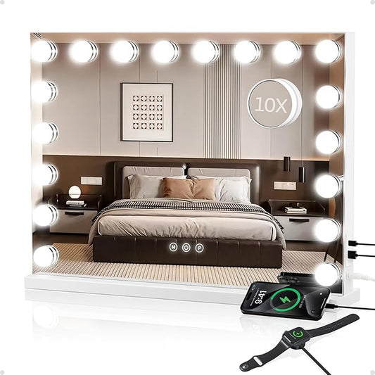 Vanity Mirror with Lights Large, Hollywood Lighted Makeup Mirror with 18 Dimmable Bulbs, 3 Color Lights, 10X Magnifier, USB/Type-C Charging, Gifts for Women, White (32" W x 24" H)
