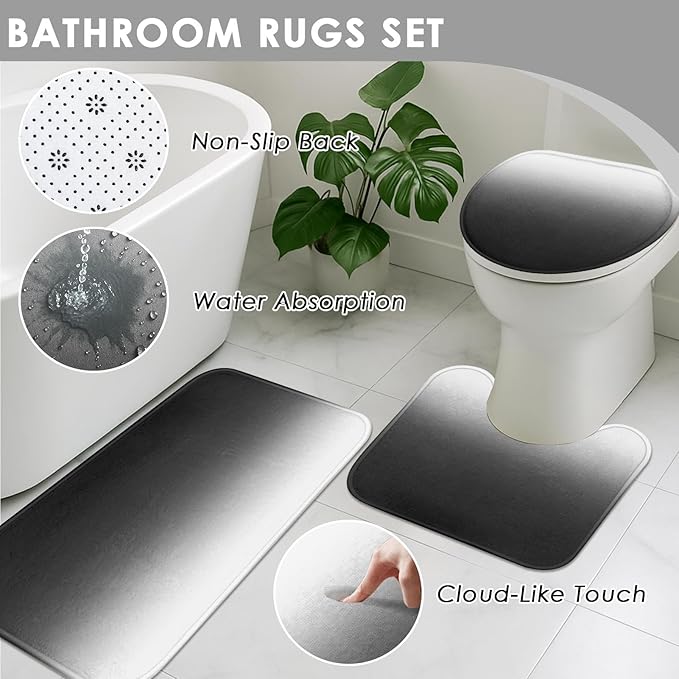 Ombre Grey Black Bathroom Decor and Accessories Set, Shower Curtain and Rug Set with Trash Can, Soap Dispenser, Soap Dish, Toothbrush Holder, Toothbrush Cup, Toilet Brush
