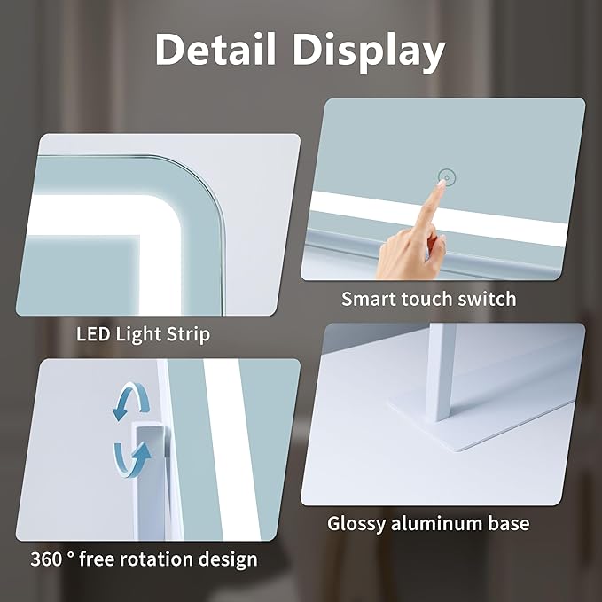 Acoolda Vanity Mirror with Lights, Large Makeup Mirror, LED Lighted, 3 Color Modes, 360 Rotation, 22.2" x 16.3" White