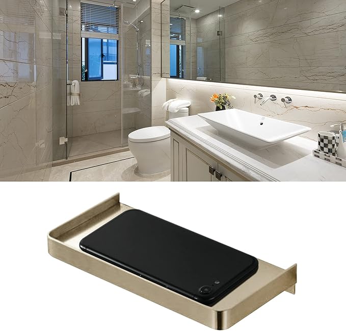 Bathroom Shelves, 7.3X3.5in Stainless Steel Wall Mounted Toilet Phone Holder Shelf, Phone Storage Shelf for Household Bathrooms, Toilets, Kitchens, Showers (Gold)