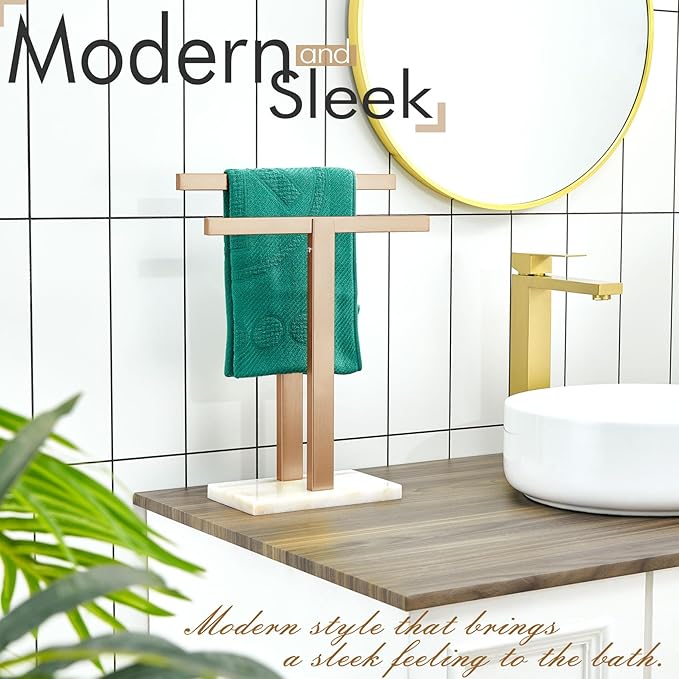 KOKOSIRI Hand Towel Bars Standing Towel Racks with Marble Base for Bathroom Kitchen Vanity Countertop, Champagne Bronze Stainless Steel 15.7'' Height THS0001-SM-CPG