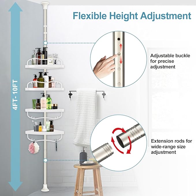 Corner Shower Caddy Tension Pole, Rustproof Bathtub Storage Organizer with 4 Adjustable Shelves, Bathroom Shower Rack Shampoo Holders for Inside Shower, 40"-120" Floor to Ceiling Shower Caddy Silver