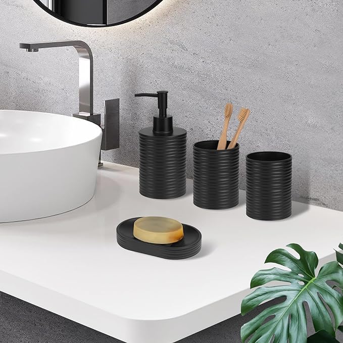 Plastic Bathroom Accessories Set 4Pcs, Black Bathroom Accessory Set Includes Liquid Soap Dispenser with Rust-Proof Plastic Pump, 2Pcs Bathroom Cup, Soap Dish for Modern Home Apartment