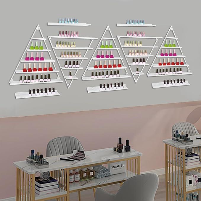 Wall-Mounted Nail Polish Rack, Set of 10 Triangular Gold Nail Polish Shelf 5-Tier Lipstick Perfume Cosmetic Display Shelf for Home Spa Nail Salon Shop