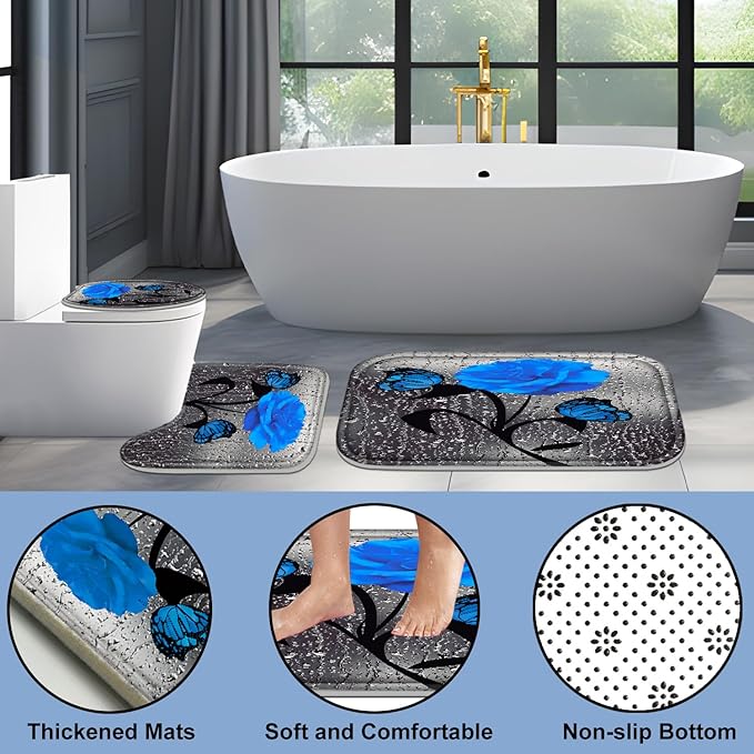 Poedist 4 Pcs Bathroom Set,Blue Rose Shower Curtain Sets, Floral Shower Curtain Sets with Rugs(Bath Mat,U Shape and Toilet Lid Cover Mat) and 12 Hooks