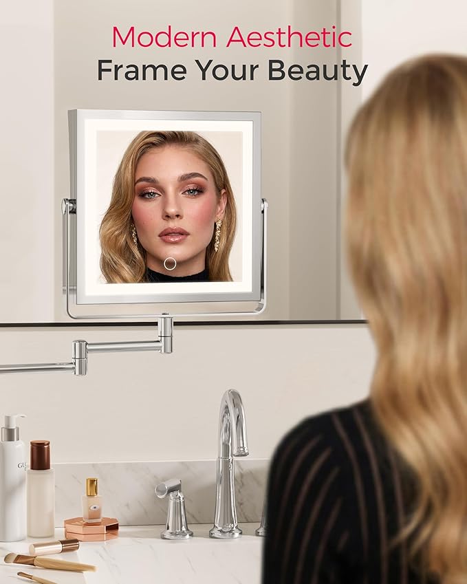 Rechargeable Wall Mounted Makeup Mirror with Lights, 4000mAh Double Sided 1X/10X Magnifying Vanity Mirror with 3 Color Lights, Touch Dimmable, 360° Extension Foldable Arm (Chrome)