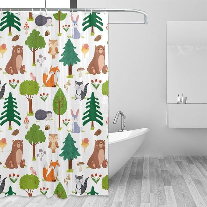 Kids Baby Woodland Shower Curtain Animals Cartoon Girls Children's Cute Cartoon Funny Colorful Weeds Plants Fox Waterproof Fabric Bathroom Decor 72x72 Inches(183x183cm), Style-12