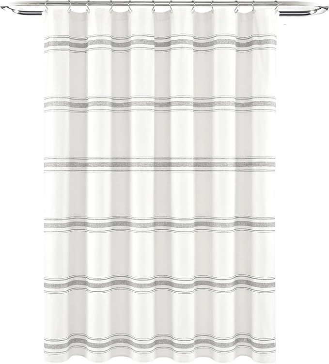 Lush Decor Farmhouse Stripe Cotton Shower Curtain, 72" W x 72" L, Gray - Striped Bathroom Curtain - Fabric Shower Curtains - Farmhouse Bathroom Decor
