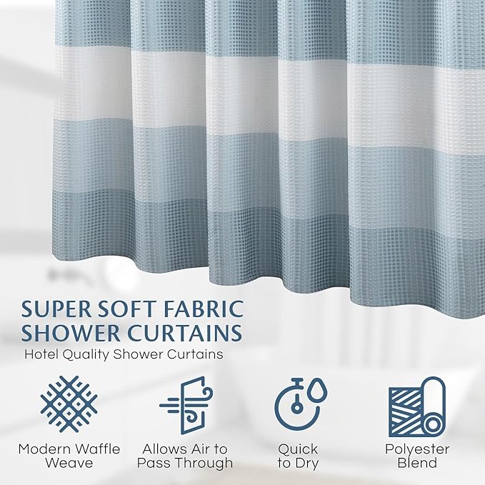 Dainty Home Ombre Waffle Weave Shower Curtain 70 x 72 Blue Textured Fabric Shower Curtain, Hotel Style Waffle Weave Bathroom Curtain, Water Resistant Polyester Ombre Shower Curtain