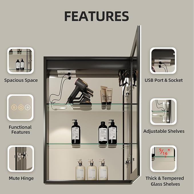 Buruis 24 x 30 Inch Medicine Cabinet with LED Lights and Mirror, Recessed/Wall Mounted Bathroom Cabinet, 3-Color Light, Defogger, Memory Function, Outlet & USB, Dimmer, Black