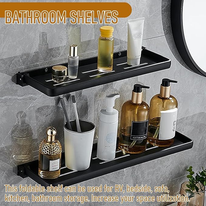 Small Folding Wall Shelf - Waterproof and Rust-Proof 90° fold Down - Easy Installation Folding Metal Shelf, Ideal for RV, Laundry, Toilet, Kitchen and Sofa (Black 2PCS, 15.75inch)