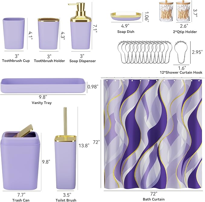XLHOMO Purple Bathroom Accessories, Bathroom Sets with Stripe Shower Curtain, Purple and Gold Bathroom Accessories Set with Trash Can, Soap Dispenser, Soap Dish, Qtip Holders for Bathroom