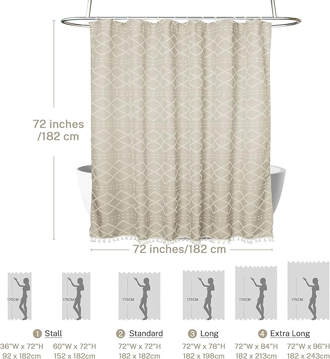 Beige Boho Woven Fabric Cute Shower Curtain, 72 x 72 Tufted Chevron Textured Striped Modern Farmhouse Minimalist Cloth Shower Curtain for Bathroom