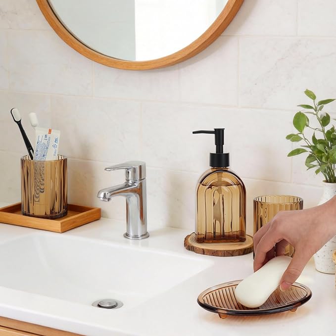 4Pcs Glass Bathroom Accessories Set,Amber Bathroom Accessory Set,Bathroom Counter Sink Toothbrush Holder Set Includes Hand/Lotion Soap Dispenser & Tumbler & Soap Dish