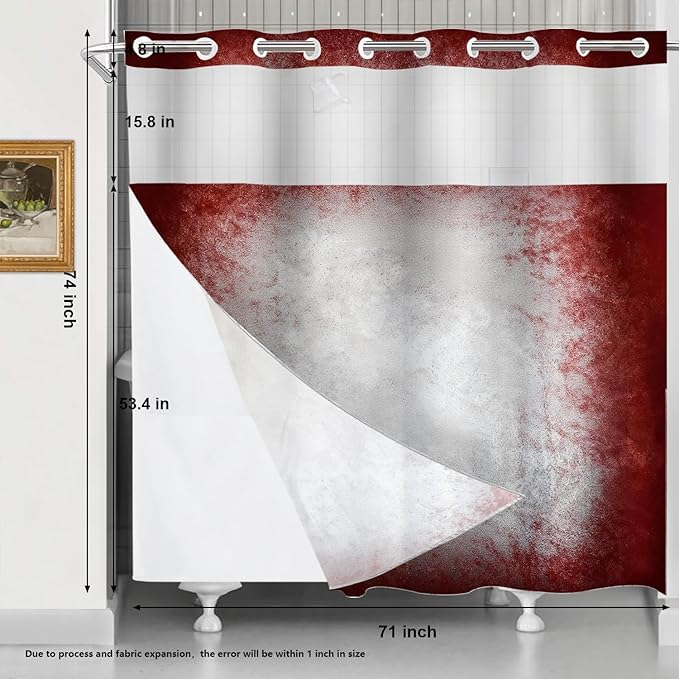 Shrahala Grey Abstract Tie Dye No Hooks Shower Curtain with Snap in Liner Set, Dark Red Modern Abstract Art Maroon Bathroom Décor Polyester Fiber Waterproof for Stall Bathtubs 71 X 74 in