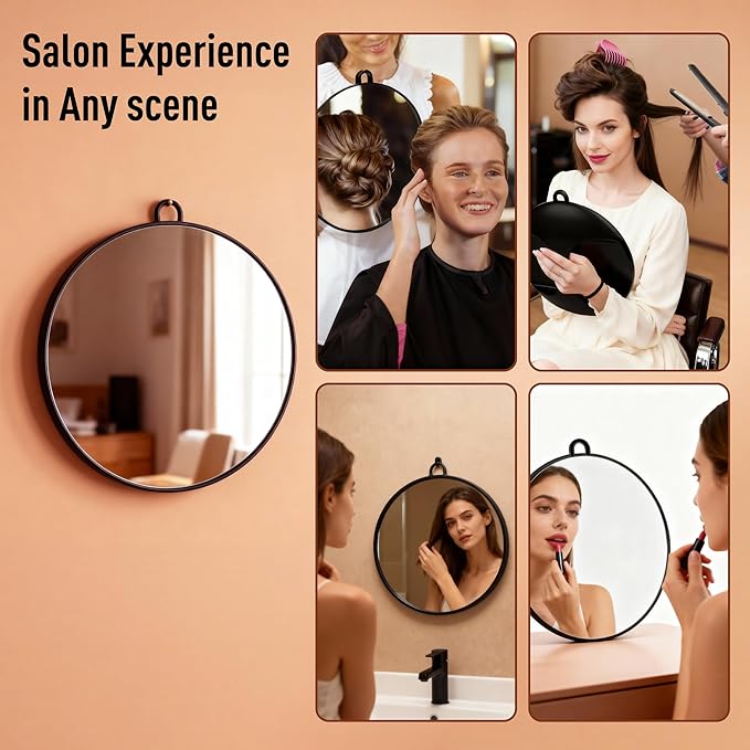 NOVAL Makeup Round Mirror, Black Round Barber & Salon Hand Mirror with Hanging Hook, Space-Saving Wall or Vanity Use