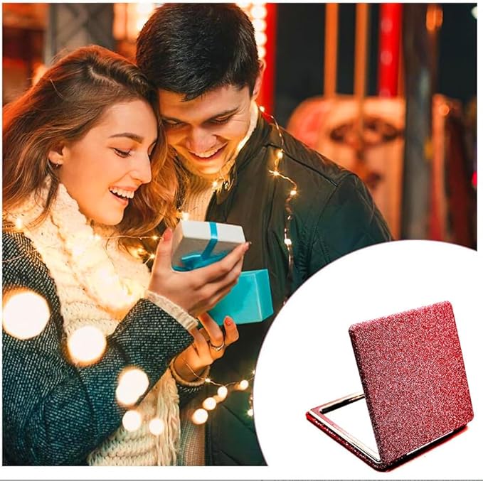 Square Pink Compact Mirror for Women,Small Magnifying Travel Mirror with Glitter,Portable 2 x 1x Magnification Folding Pocket Makeup Mirror Cosmetic Mirror for Gift Travel Essentials