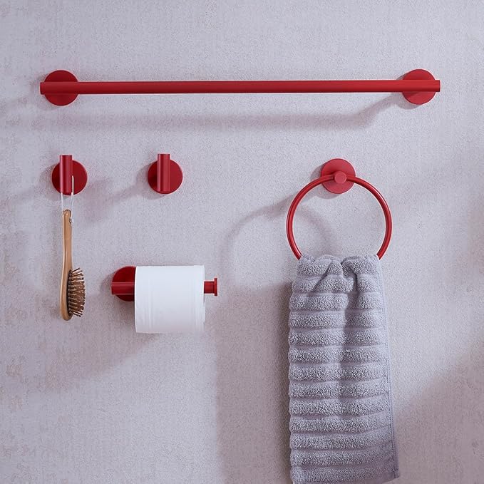 Red Bathroom Accessories Set,5 Pieces Bathroom Hardware Set,24 inch Towel Bar,Towel Ring for Bathroom,Robe Towel Hooks,Toilet Paper Holder Wall Mounted(Drilling),SE96006S-5RED