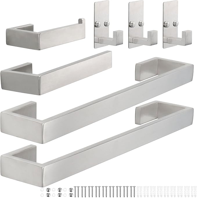 TocTen 7 Pcs Bathroom Hardware Set, Thicken Stainless Steel Towel Bar Set-Includes 2Bath Towel racks+Towel Holder+Toilet Paper Holder+3 Robe Towel Hooks, Wall Mounted Bathroom Accessories Kit(Brushed)
