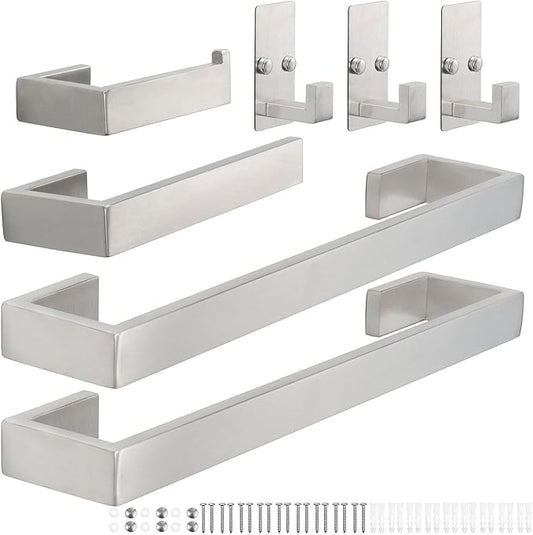 TocTen 7 Pcs Bathroom Hardware Set, Thicken Stainless Steel Towel Bar Set-Includes 2Bath Towel racks+Towel Holder+Toilet Paper Holder+3 Robe Towel Hooks, Wall Mounted Bathroom Accessories Kit(Brushed)