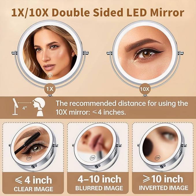 8.5" Lighted Makeup Mirror, 3000 mAh Rechargeable Double Sided Magnifying Vanity Mirror with 3 Colors, 1x/10x Magnifying, Brightness Adjustable Magnification Cosmetic Light up Mirror, Women Gift