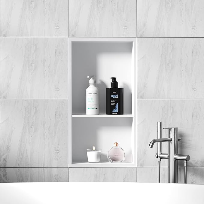 Neodrain White Shower Niche Insert Tile Ready, Stainless Steel Wall Niche 25.1"X13.1"(Inner Size 24"X12"), Two-Tier Bathroom recessed Shower Cabinet, NO Tile Needed for Shower wall