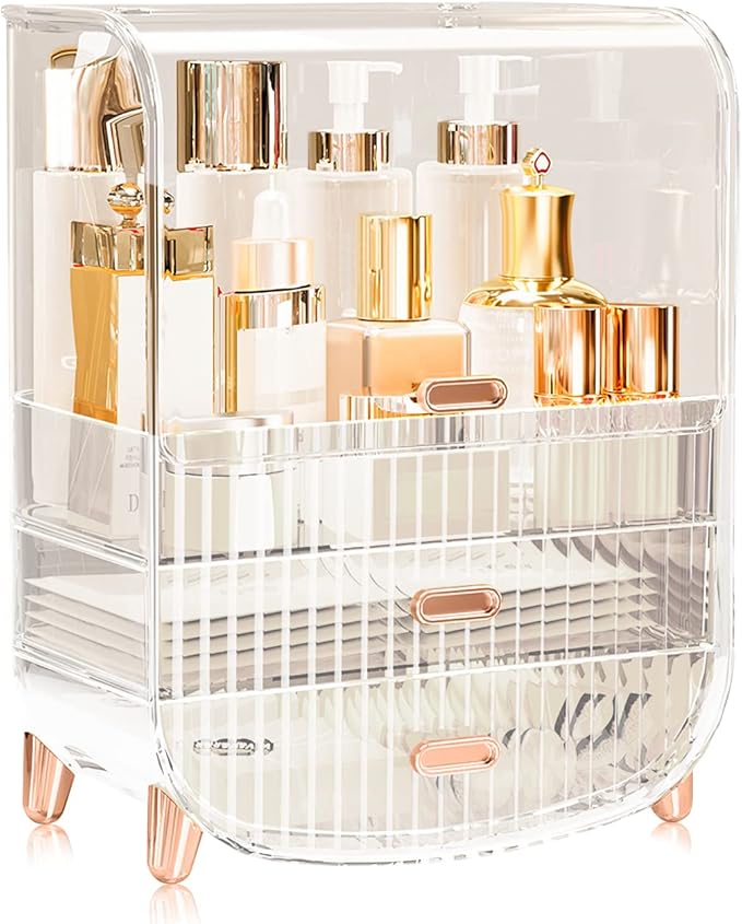 Ergocar Portable Transparent PET Series Multi-Function Make Up Case Dustproof Cosmetic Storage Box, Cosmetics Skin Care Products Jewelry Organizer Case Lipstick Box - White Three Layers