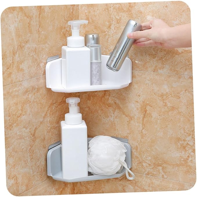 OSALADI 1set Wall Mounted Corner Shelf No Punching Triangle Plastic Storage Rack for Bathroom Kitchen Grey White Durable Design for Organizing Toiletries Creams and More 2pcs